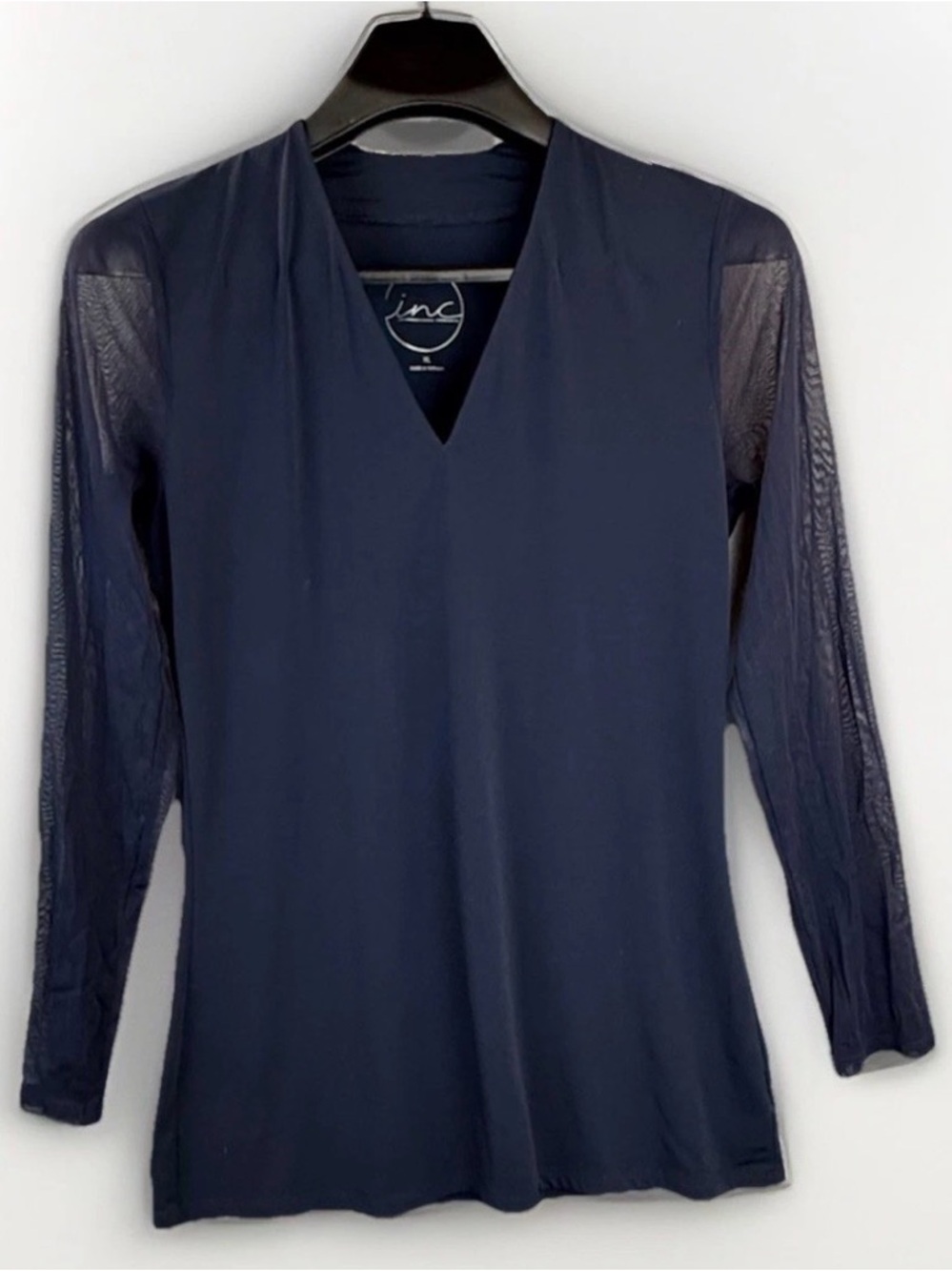 INC International Concepts Women's Top Sz Large Illusion Sheer Sleeve Navy
